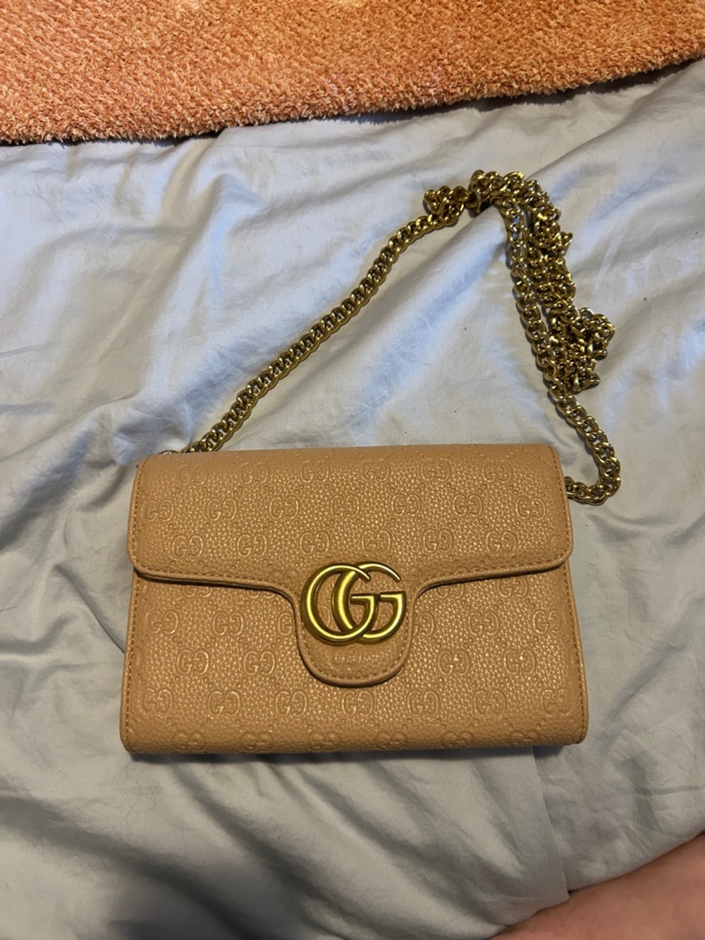 Gucci Tan Embossed GG Chain Crossbody Bag with Gold Hardware